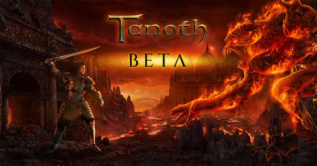 Tanoth: historisches Beta-Artwork mit Krieger und Feuerdämon